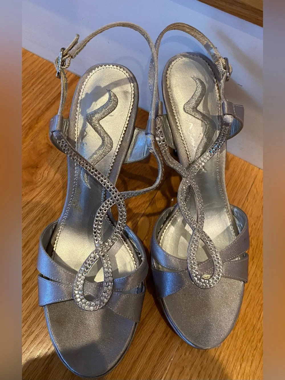 Nina Silver Rhinestone T-Strap Heeled Sandals